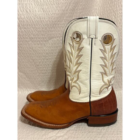 Larry Mahan Western Cowboy Leather Boots Men’s Size 8.5 Square Toe Brown Cream main image 4